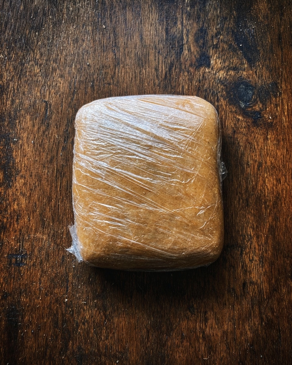 A single block of smooth, light brown dough wrapped tightly in clear plastic wrap sits centered on a rustic dark wooden surface, showing a soft matte texture beneath the shiny, crinkled plastic covering with small air bubbles and folds visible across it; the dough block is rectangular with rounded edges, and the lighting highlights slight glossiness on the plastic. Photo taken with an iphone --ar 4:5 --v 7