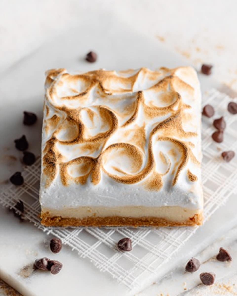 A square slice of dessert with a thick layer of golden toasted meringue on top, showing soft swirls and peaks with light brown edges from toasting. The dessert base is pale and looks soft under the meringue. It is placed on a white marbled surface with scattered small chocolate chips around it and a white grid cloth beneath one side. Photo taken with an iphone --ar 4:5 --v 7