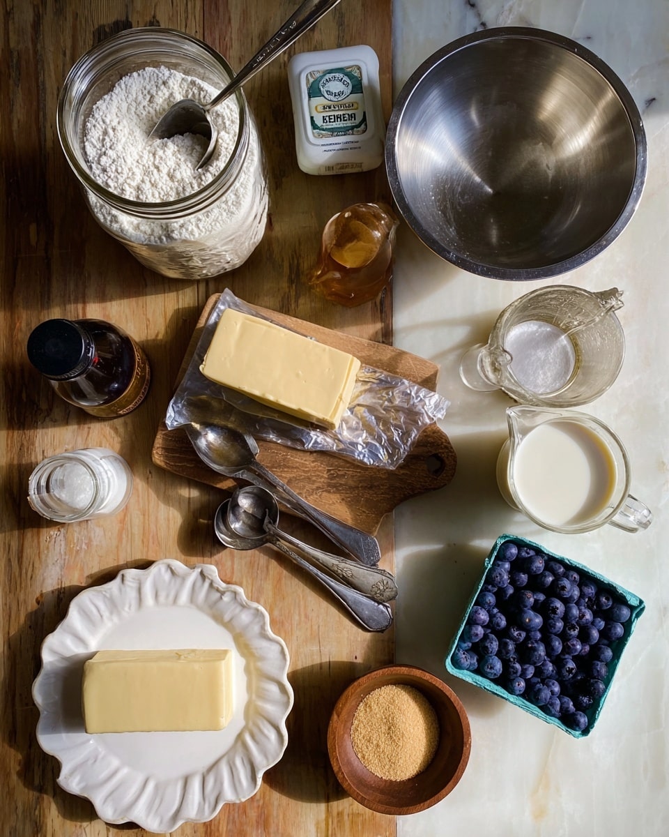 The image shows a top view of various baking ingredients arranged on a wooden table. There is a clear glass jar filled with white flour and a metal scoop inside it at the top left. To the right of the jar is a metal mixing bowl with a reflective surface. In the middle, a wooden board holds a white ceramic cup with melted butter, a block of butter wrapped in its gold foil, and a set of silver measuring spoons. Below the board is a white fluted plate with a thick rectangular piece of cream cheese. Nearby, a wooden bowl holds light brown sugar, while a small blue carton on the right contains fresh blueberries. There is a clear glass measuring cup with milk near the center and small containers with yeast and pink salt beside the flour jar. A dark glass bottle with vanilla extract is positioned near the sugar bowl. The scene is lit naturally with soft shadows, all placed on a white marbled texture. photo taken with an iphone --ar 4:5 --v 7