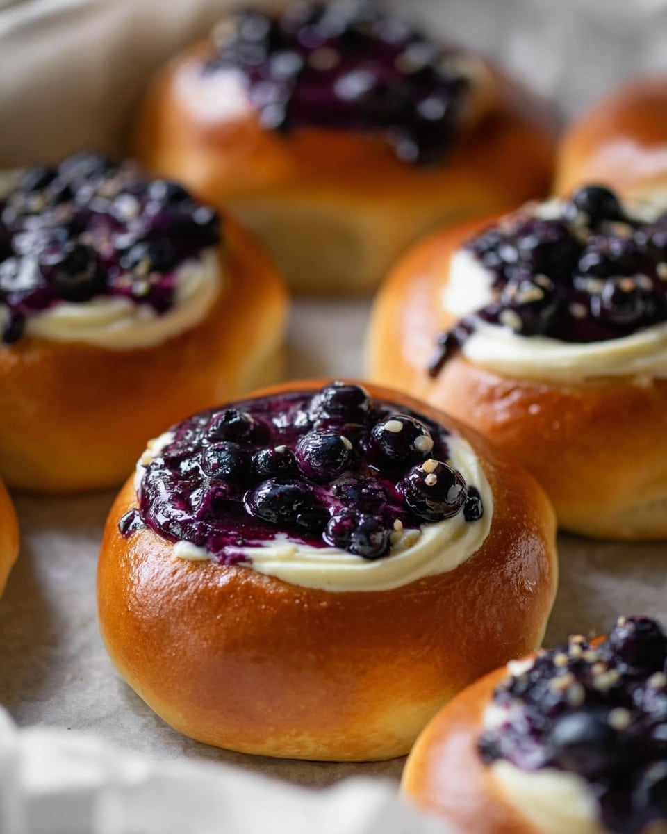 The image shows several round buns with a shiny, golden-brown crust as the base layer. Each bun has a swirl of creamy white filling in the center, topped with a thick layer of dark purple-blue blueberry sauce and whole blueberries scattered on top, creating a mix of smooth and bumpy textures. The buns are placed closely together on white parchment paper that rests on a white marbled surface. The focus is on the central bun, with other buns softly blurred in the background. Photo taken with an iphone --ar 4:5 --v 7