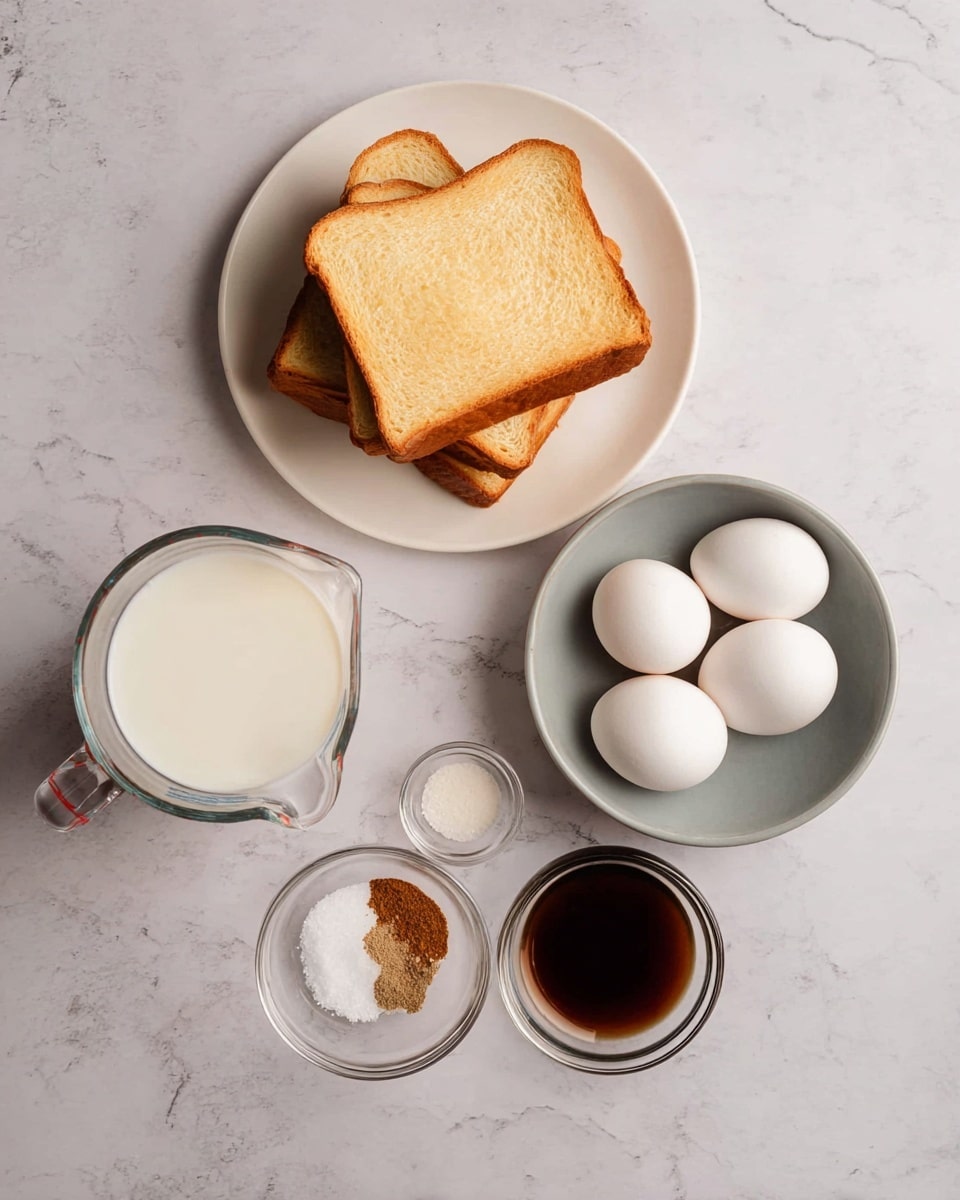 The image shows six food items arranged on a white marbled surface. At the top center, there is a white plate holding three slices of light golden brown bread stacked unevenly. Below it to the left, a clear glass measuring cup is filled almost to the top with white milk. To the right of the milk, a medium-sized gray bowl contains four whole white eggs. Next to the egg bowl, near the top right, is a small clear bowl with dark brown liquid, likely vanilla extract. Below it in the center of the image is a tiny clear bowl with a heap of light brown and dark brown ground spices. Below this, slightly right, is a tiny clear bowl holding white granulated salt. photo taken with an iphone --ar 4:5 --v 7