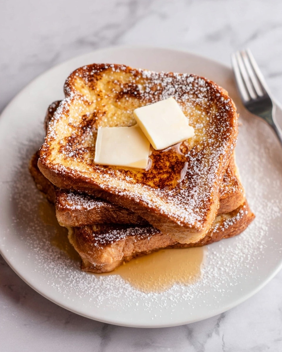 A stack of three golden-brown French toast slices sits on a white plate, each slice showing a slightly crispy texture with some darker spots. On top of the stack are two small, square pats of butter that are light cream in color, slightly melting into the toast below. The edges of the toast are dusted lightly with powdered sugar, adding a soft white contrast. A small drizzle of syrup can be seen pooling slightly on the plate beside the toast. The plate rests on a white marbled surface, with a silver fork partially visible to the side. Photo taken with an iphone --ar 4:5 --v 7