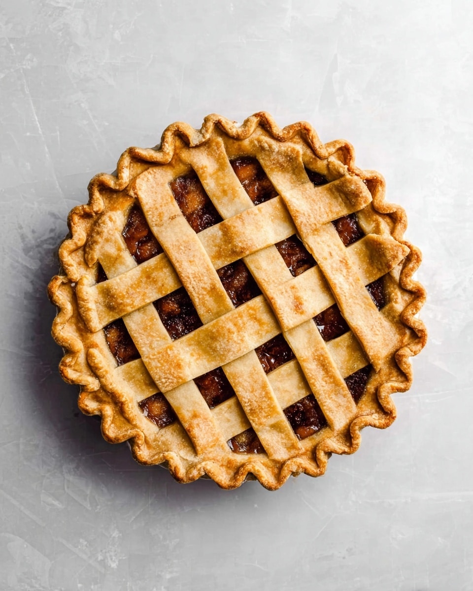 A round pie with a golden brown lattice crust on top showing the dark brown filling underneath, the crust edges are crimped in a wavy pattern creating a decorative border, the pie is placed on a white marbled surface. photo taken with an iphone --ar 4:5 --v 7
