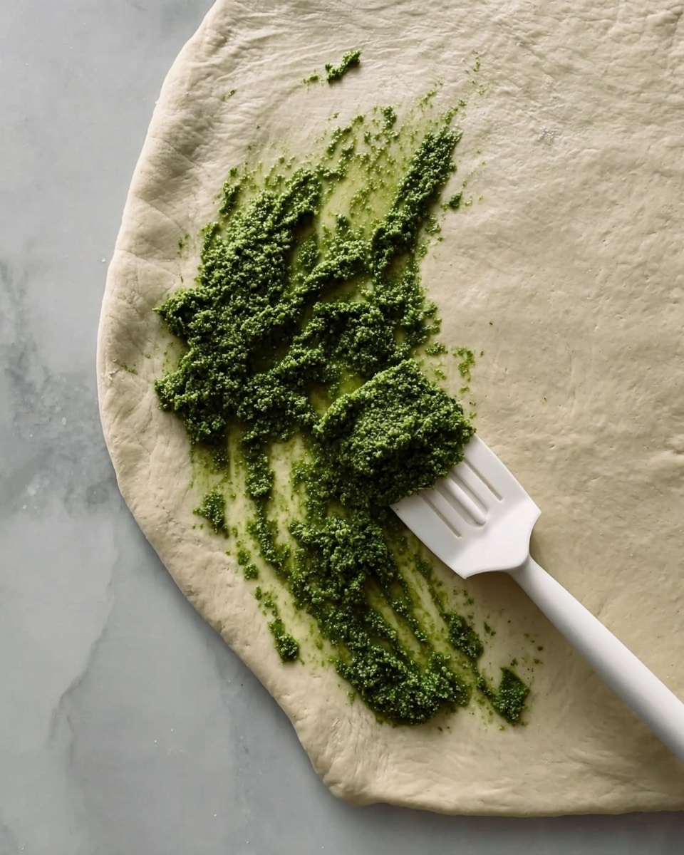 A large flat dough sheet lies on a white marbled surface, with a textured green paste being spread near the center using a white spatula. The green paste looks coarse and unevenly spread in two main clumps with some small pieces scattered around. The dough is pale and smooth, slightly wrinkled at the edges. Photo taken with an iphone --ar 4:5 --v 7