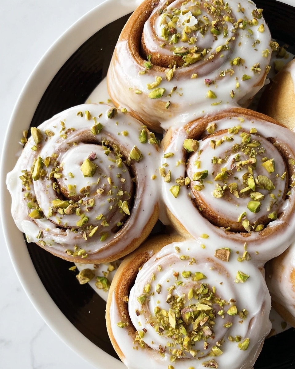 The image shows a white plate filled with five cinnamon rolls arranged closely together. Each roll has two visible layers: a light brown dough spiral and a thick white icing spread evenly on top. The white icing has a creamy texture with swirls following the spiral shape. On top of the icing, there are small pieces of green crushed pistachios scattered in an uneven pattern. The plate is placed on a white marbled surface. Photo taken with an iphone --ar 4:5 --v 7