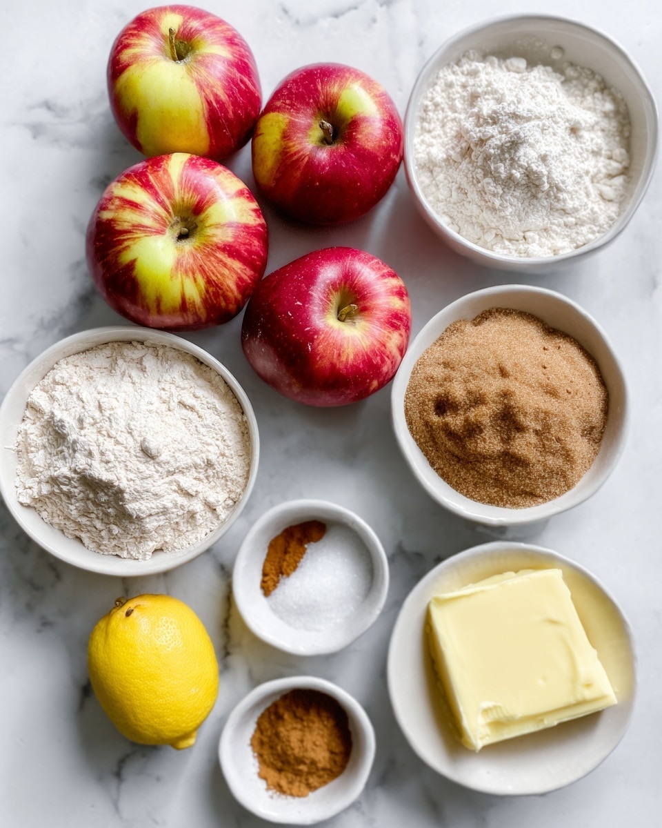 The image shows baking ingredients on a white marbled surface. There are five red apples with yellowish-green centers arranged in the upper left and center parts. To the right of the apples are white bowls filled with flour, brown sugar, and another type of sugar. Below these are small white dishes containing cinnamon and salt. In the lower right part, there is a white bowl holding a square piece of butter. A whole yellow lemon is placed in the lower center area, slightly to the left. The textures vary from smooth apples to powdery flour and granulated sugars. photo taken with an iphone --ar 4:5 --v 7