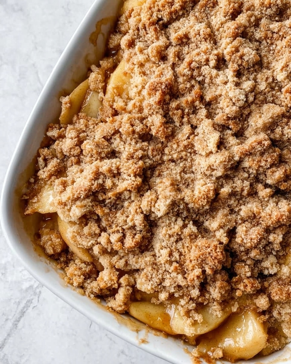 The image shows a close-up of a baked apple crumble in a white ceramic baking dish placed on a white marbled surface. The dish is filled with large apple slices at the bottom, slightly browned and soft, visible under a thick, rough layer of light brown, crumbly topping that looks crunchy and textured. The crumble topping covers the entire surface evenly, with small clumps giving it a rustic appearance. The edges of the apple slices peek out slightly from under the crumble near the dish sides, and some juice has jelled around the edges, giving a soft glossy look. Photo taken with an iphone --ar 4:5 --v 7