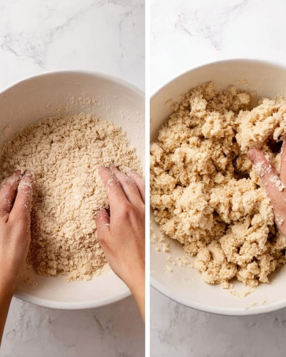 The image shows two close-up views side-by-side, each featuring a woman's hand mixing crumbly dough inside a white bowl on a white marbled surface. In the left part, the dough appears light and sandy with a loose, grainy texture as the woman's hands gently press and gather it. In the right part, the dough looks more moist and holds together with a slightly darker beige color, with the woman's hands breaking and crumbling the dough into chunks. Both images focus on the dough's texture and the motion of the woman's hands working with it. Photo taken with an iphone --ar 4:5 --v 7