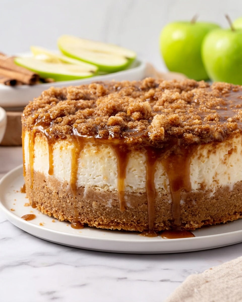 A round cheesecake with three layers stands on a white plate: the bottom layer is thick and light brown with a crumbly texture resembling a cookie crust, the middle layer is creamy and white with a smooth texture, and the top layer is a crumbly streusel with sugar pieces and some caramel drizzle running down the sides. In the background, slices of green apple are partially visible on a white marbled surface with soft natural light. Photo taken with an iphone --ar 4:5 --v 7
