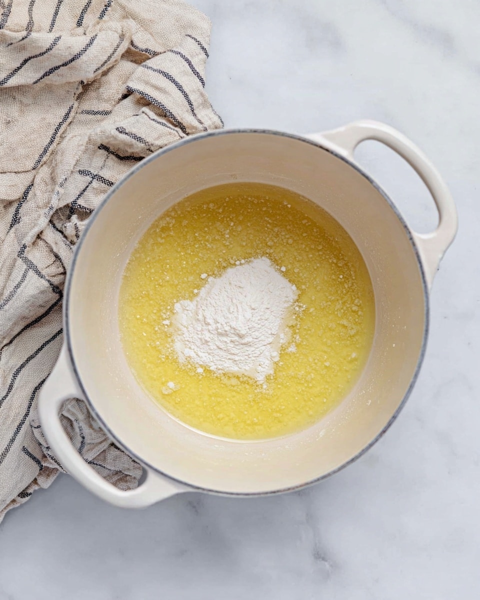 The image shows a white pot with two handles on a white marbled surface. Inside the pot, melted butter covers the bottom with a shiny yellow color, and a small pile of white flour sits in one spot, ready to be mixed. In the top left corner of the image, there is a beige cloth with dark stripes, casually folded. The overall scene feels clean and bright with natural light. photo taken with an iphone --ar 4:5 --v 7