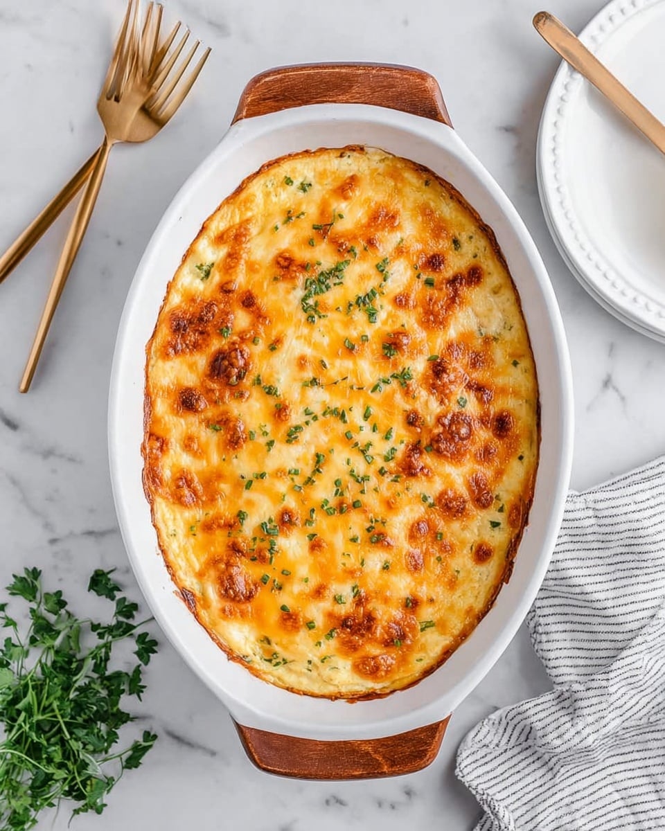 The dish is a baked casserole served in a white oval baking dish with wooden handles on either side. The top layer is a golden-brown melted cheese crust with some darker toasted spots, sprinkled evenly with small green herb pieces. Below the cheese, visible hints of a creamy, light yellow sauce peek through slightly. The casserole sits on a white marbled surface, with a utensil to the right and a white plate with two gold forks to the upper left. A small bunch of green herbs is placed near the bottom left corner, and a striped cloth napkin is on the bottom right side. photo taken with an iphone --ar 4:5 --v 7