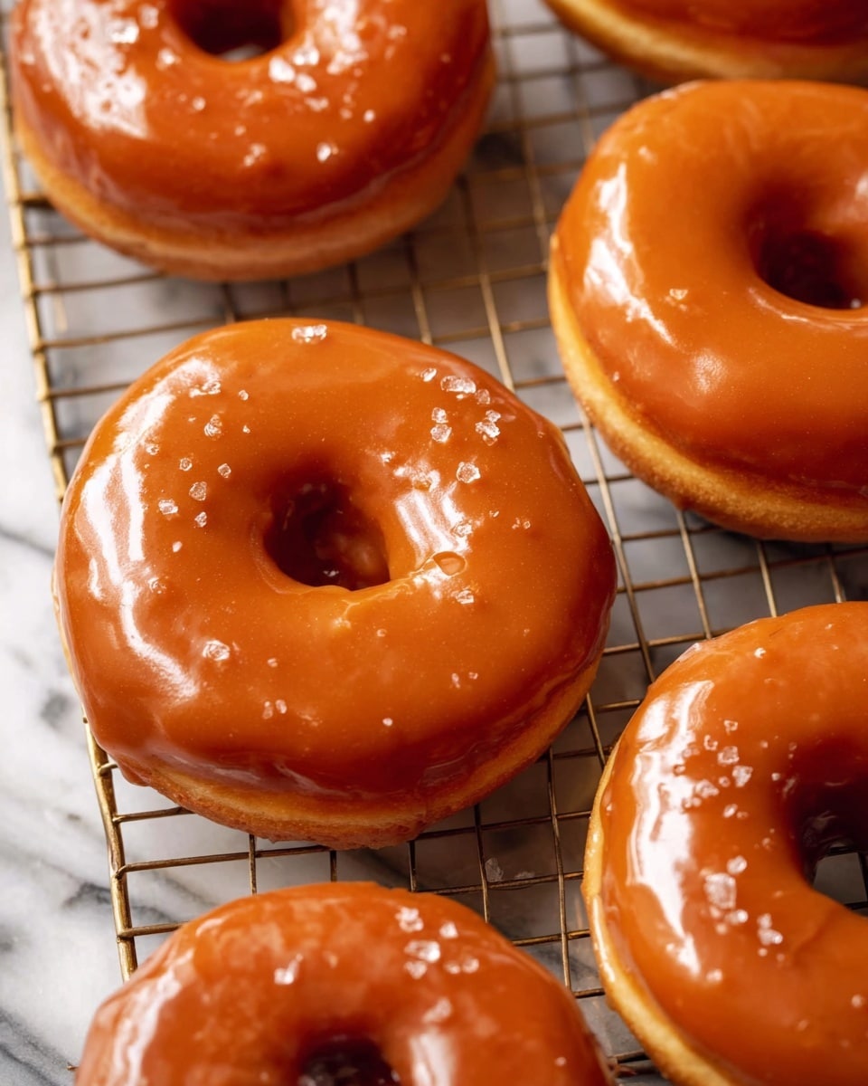 The image shows several round donuts with smooth, shiny caramel glaze covering the top and sides. Each donut has a center hole, and the glaze is golden-brown with a slightly thick texture that catches the light, showing tiny bubbles and a few small crystals on the surface. The donuts rest on a cooling rack, which sits on a white marbled surface. The warm caramel looks sticky and rich, evenly coating the soft dough underneath that is a light golden color. Photo taken with an iphone --ar 4:5 --v 7