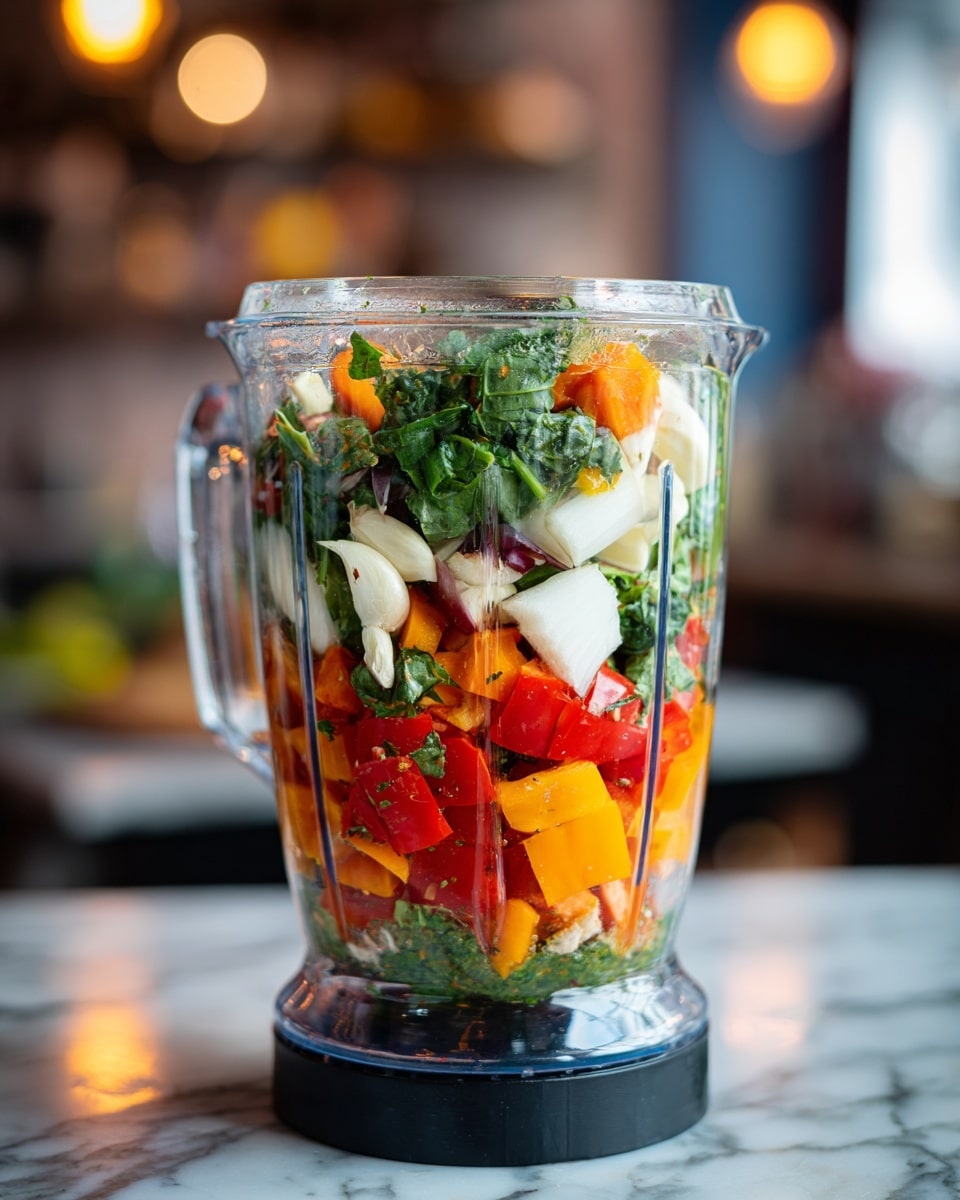 A clear blender jar filled with several layers of fresh ingredients on a white marbled surface. The bottom layer shows bright red and orange chunks of bell peppers with some green leafy herbs scattered around. Above them are larger pieces of white onion and more green herbs, possibly basil or cilantro, all mixed with some clear liquid. Small bits of garlic are visible among the layers, adding texture. The jar sits on a black base, and the background is softly blurred, showing some warm lights. photo taken with an iphone --ar 4:5 --v 7