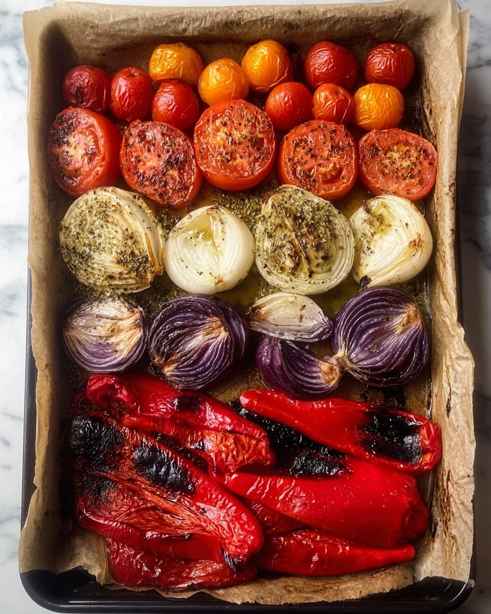 The image shows a baking tray lined with parchment paper filled with roasted vegetables arranged in neat rows. At the top are small red and orange cherry tomatoes, some with charred skins. Below them are four larger halved red tomatoes with a slightly roasted top sprinkled with herbs. Next, two light tan onion halves alternate with two deep purple onion halves, all roasted with seasoning on top. At the bottom left corner are two whole garlic bulbs, roasted until golden brown with caramelized cloves visible. To the right are several large roasted red peppers, some with charred black skin and wrinkled texture. The tray sits on a white marbled surface. Photo taken with an iphone --ar 4:5 --v 7
