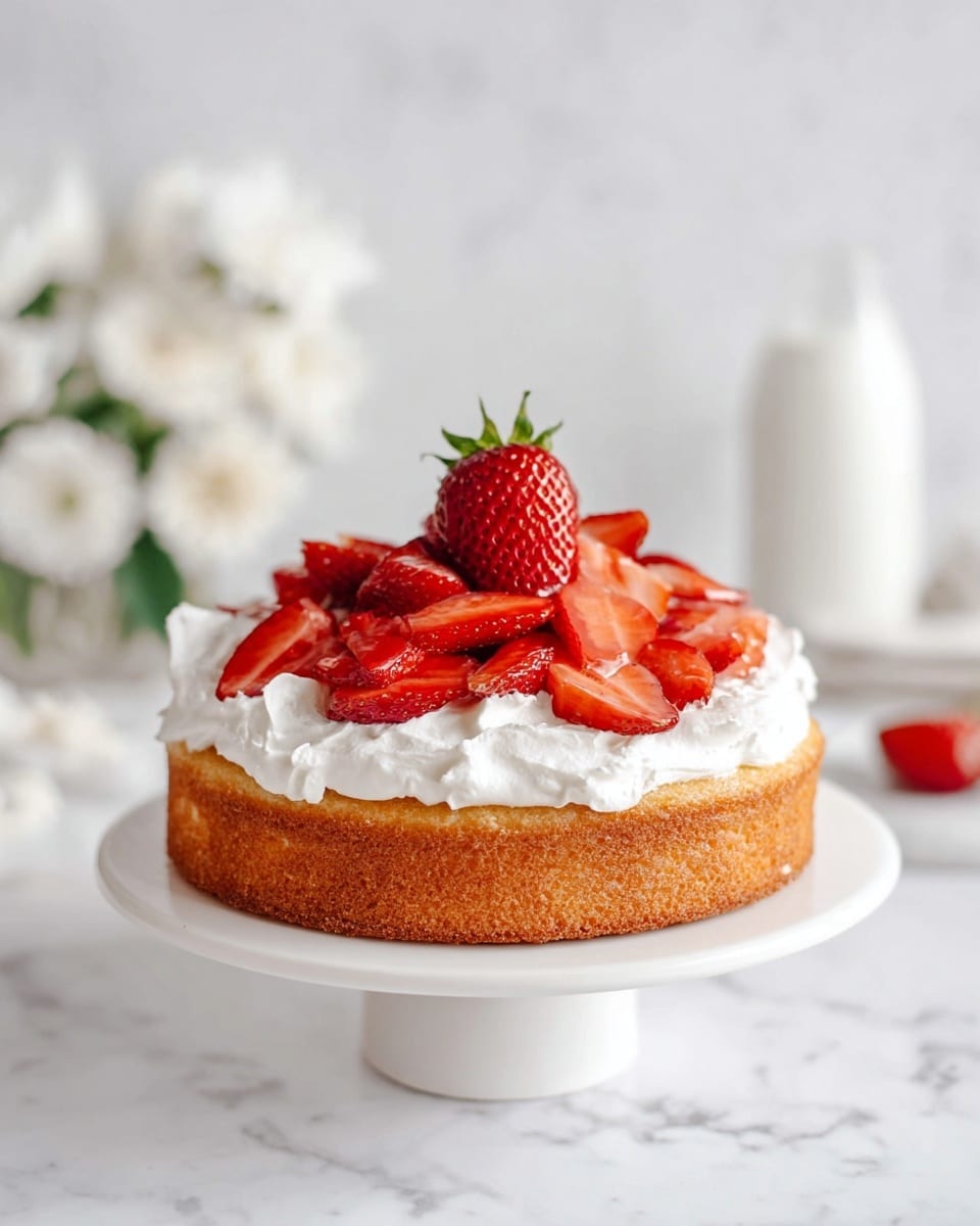 The image shows a single-layer round cake with a golden-brown texture on a white cake stand. On top of the cake, there is a thick layer of white whipped cream, spread unevenly with a soft, fluffy texture. Fresh red strawberry slices are arranged closely together on the cream, covering most of the top surface, and a whole strawberry with its green stem sits at the center on top. The cake is set against a white marbled surface with blurred white flowers and a white milk bottle in the background, creating a clean and bright atmosphere. Photo taken with an iphone --ar 4:5 --v 7