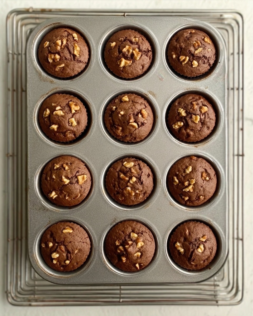 A silver muffin tray with twelve chocolate muffins topped with chopped walnuts, each muffin having a smooth, slightly cracked dark brown surface. The tray rests on a white marbled surface with visible cooling rack lines beneath. photo taken with an iphone --ar 4:5 --v 7