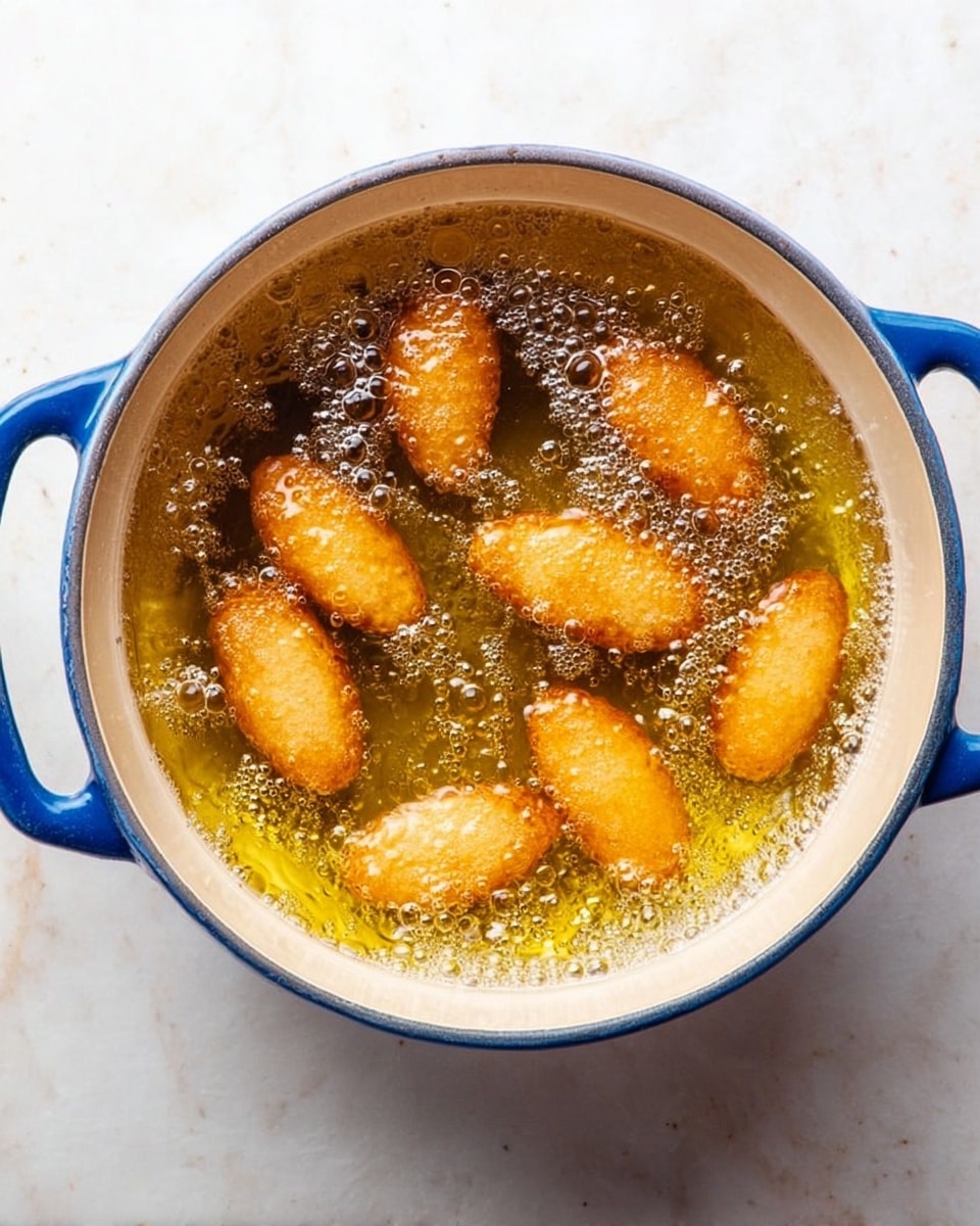 A blue and white cooking pot sits on a white marbled surface, filled with hot bubbling golden oil. Inside the pot, there are seven small, oval-shaped pieces of food frying, each with a light golden brown color and a slightly crispy texture forming on their surfaces. The bubbles in the oil surround the pieces, showing the cooking action clearly, with visible steam and heat creating a lively scene. Photo taken with an iphone --ar 4:5 --v 7