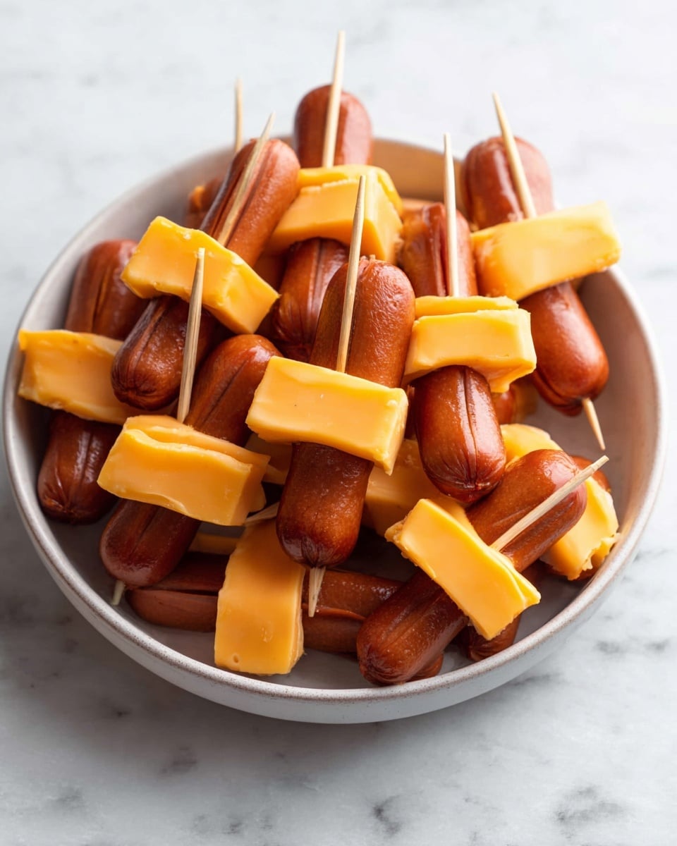 A round white bowl is full of small snacks each made of two small brown sausages split and holding one thick slice of bright orange cheese in the middle; each snack is held together by a wooden toothpick piercing through the sausage and cheese horizontally. The sausages have a smooth, slightly shiny surface, and the cheese looks firm with sharp edges. The bowl sits on a white marbled surface, showing a bright and clean setting. photo taken with an iphone --ar 4:5 --v 7