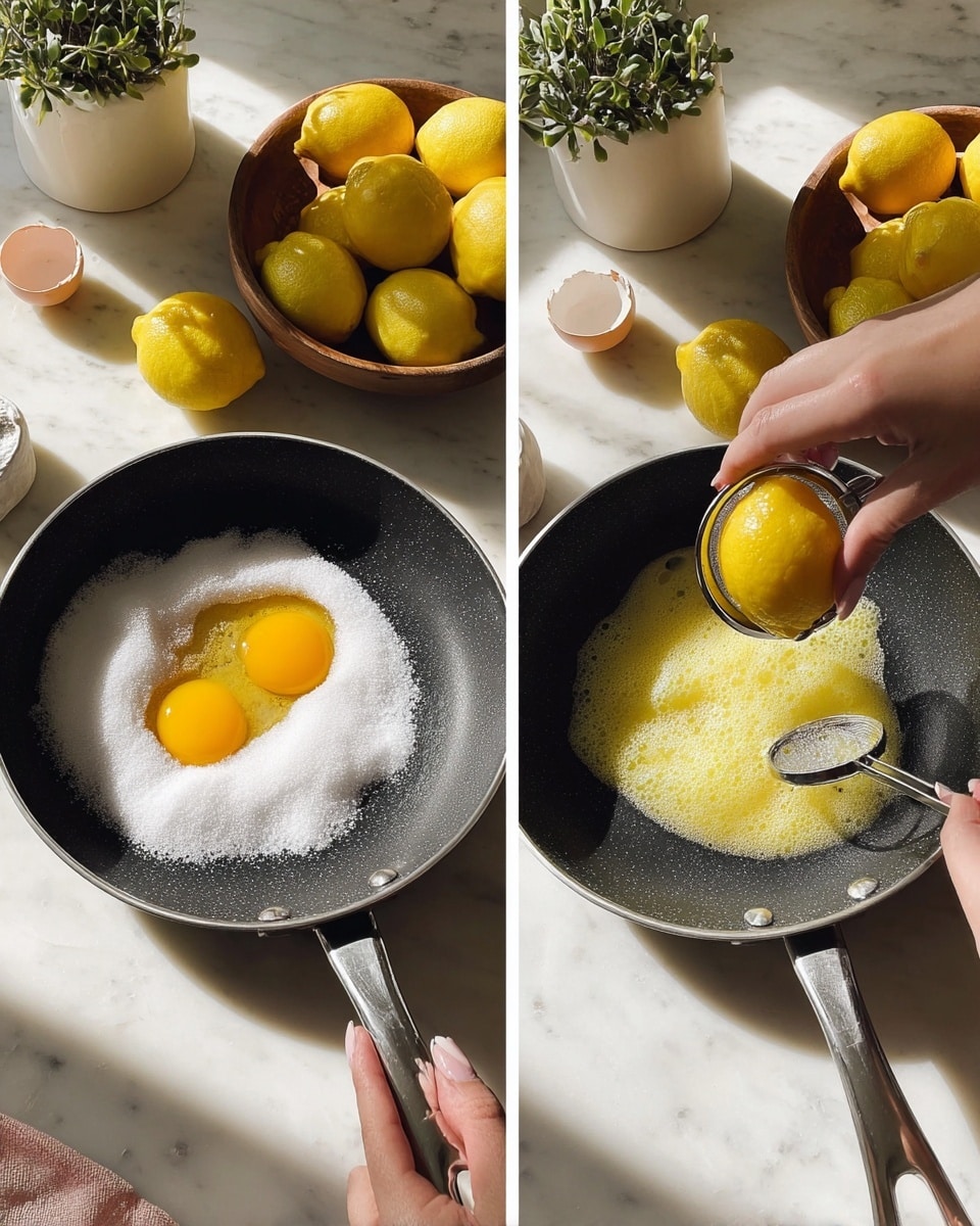 A black frying pan is placed on a white marbled surface. Inside the pan, four bright yellow egg yolks sit around a pile of white granulated sugar centered in the pan. Next to the pan is a wooden bowl with several yellow lemons. On the right side, a woman's hand is squeezing half a lemon through a small metal sieve into the pan where the eggs and sugar have been mixed to a frothy, pale yellow texture. The background shows white pots with green plants and a brown cup with white paint drips on the rim, all placed on the white marbled surface. photo taken with an iphone --ar 4:5 --v 7