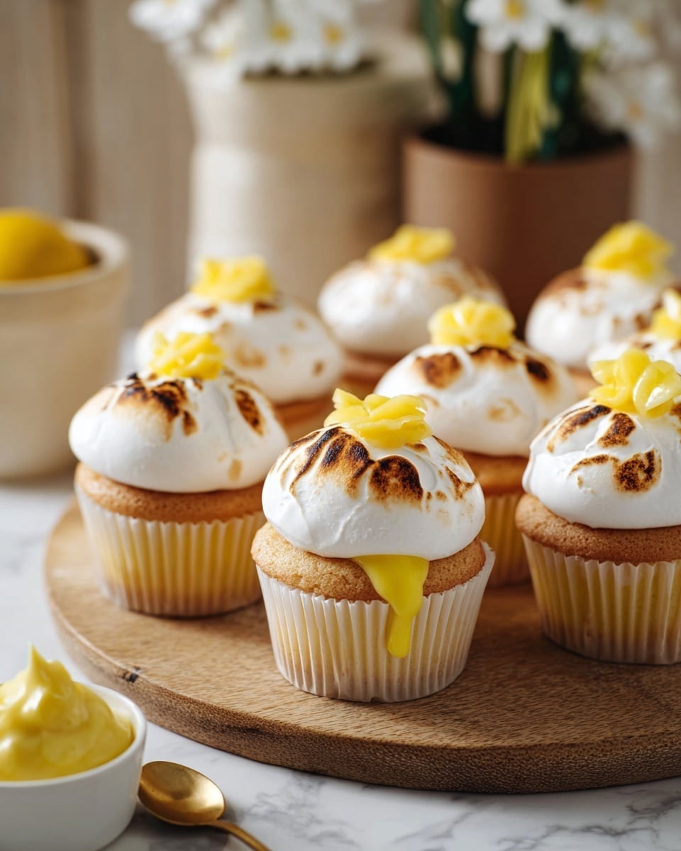 The image shows a group of lemon meringue cupcakes arranged closely on a round wooden board sitting on a white marbled surface. Each cupcake has a light yellow base wrapped in white paper liners. On top of the base is a thick dome of toasted white meringue with brown spots and a puffed texture. Bright yellow dollops of lemon cream sit on the peak of the meringue on each cupcake, with one having a larger streak of lemon cream running down the side. In the background, a blurred white pot with a green plant and a brown container with white flowers can be seen. A small white dish with yellow lemon cream and a gold spoon is in the bottom left corner. photo taken with an iphone --ar 4:5 --v 7