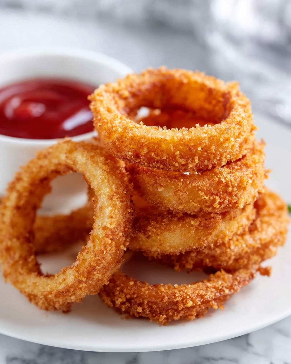 A white plate holds a stack of golden-brown fried onion rings with a crunchy texture, each ring thick and evenly coated in crispy breading. Behind the plate, there is a blurred white bowl filled with red ketchup sauces. The whole scene sits on a white marbled surface, adding a clean and bright background. photo taken with an iphone --ar 4:5 --v 7