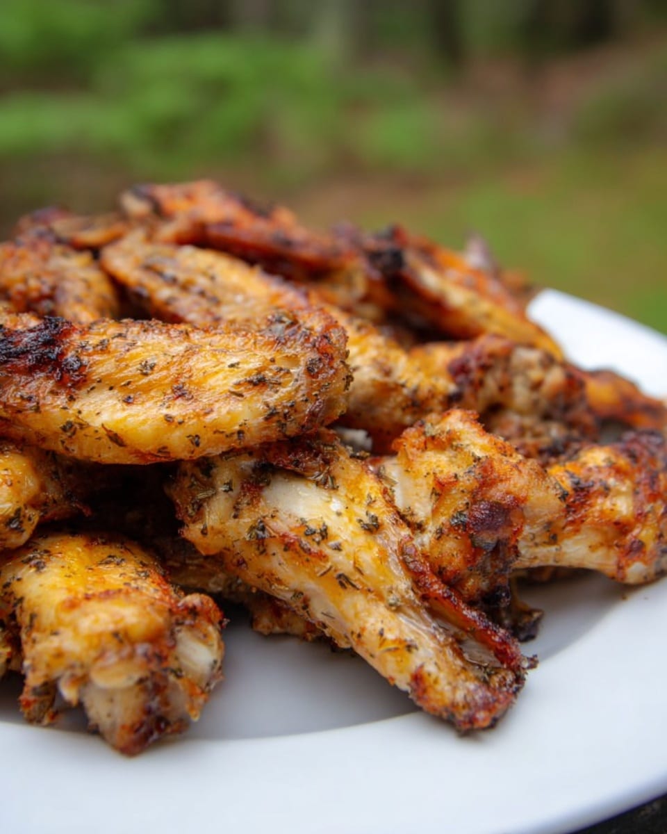 A white plate holds a pile of golden-brown chicken wings with visible herbs and spices on the crispy skin. The wings have a slightly charred texture on some edges and a mix of lighter yellow and darker brown tones showing they are well cooked. They are layered unevenly on the plate, some stacked on top and some resting on the surface, creating a rustic, hearty look. The background is out of focus with green and brown colors, suggesting an outdoor setting. photo taken with an iphone --ar 4:5 --v 7