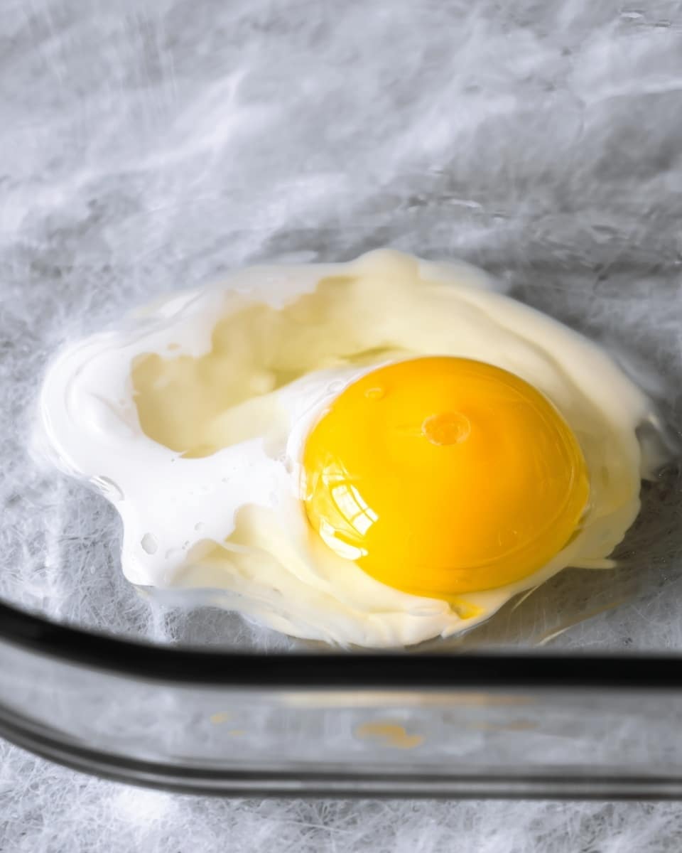 A single raw egg cracked open in a clear glass baking dish, showing one bright yellow yolk sitting slightly to the right, surrounded by transparent egg white that spreads unevenly on the bottom of the dish. The surface under the dish is a white marbled texture, and the background is blurred, focusing on the smooth and glossy look of the raw egg inside the glass container photo taken with an iphone --ar 4:5 --v 7