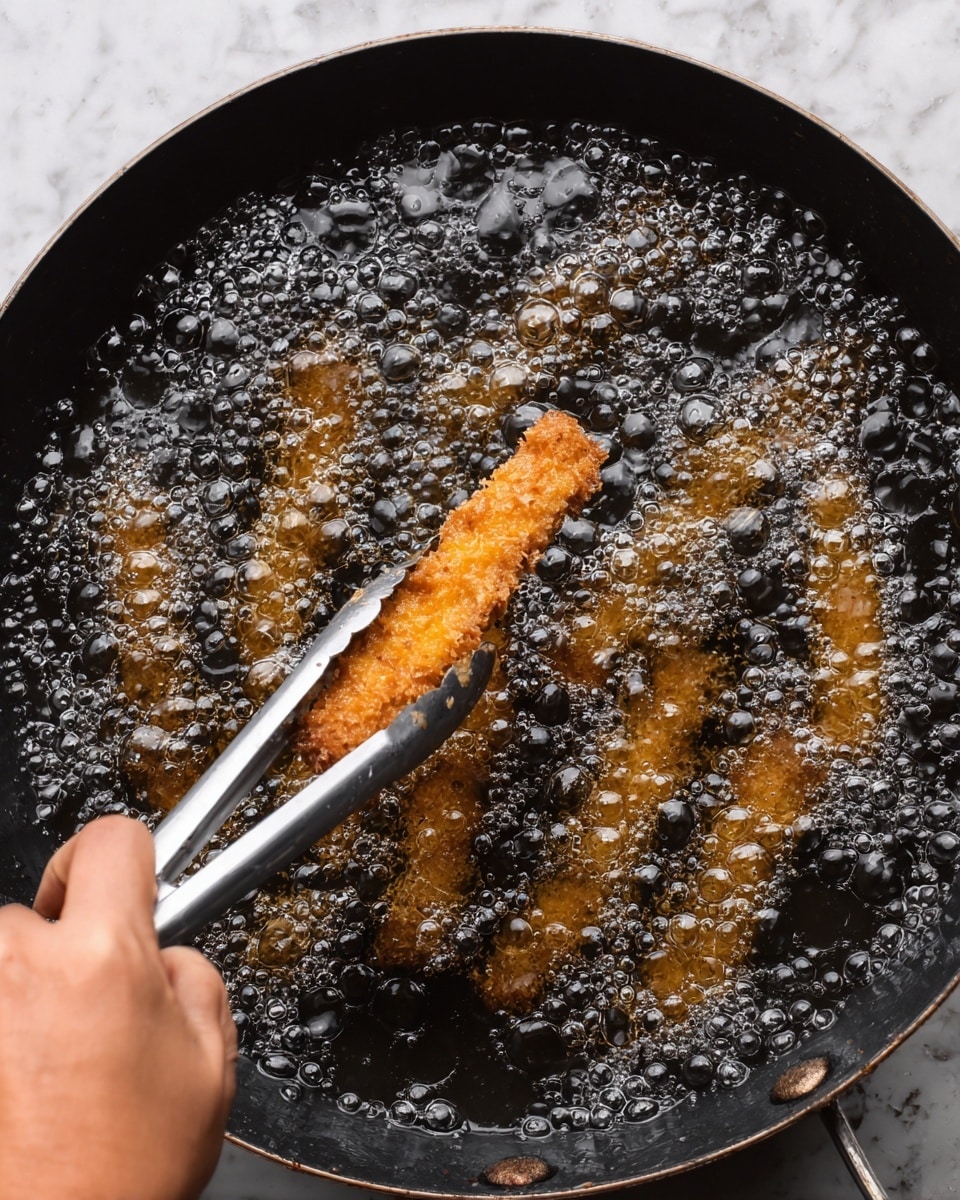 A close-up view of a dark frying pan filled with bubbling hot oil, with a golden brown fried stick-shaped item being picked up by silver tongs held by a woman's hand at the left side of the frame. The oil's bubbles cover most of the surface, creating a shiny texture with shades of black and dark brown. The fried stick has a rough, crispy coating and appears to be cooked to a crunchy texture. The background is a white marbled surface. photo taken with an iphone --ar 4:5 --v 7