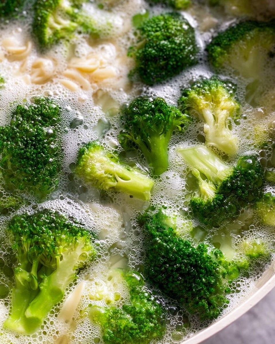 The image shows broccoli pieces and white noodles being cooked in boiling water, with bubbles and foam on the surface. The broccoli is bright green with a mix of small, tight florets and slightly lighter green stems. The white noodles are visible underneath the broccoli, partially submerged in the bubbling water. The dish is inside a pot, with the edge just barely visible. The background and surface are white marbled texture photo taken with an iphone --ar 4:5 --v 7