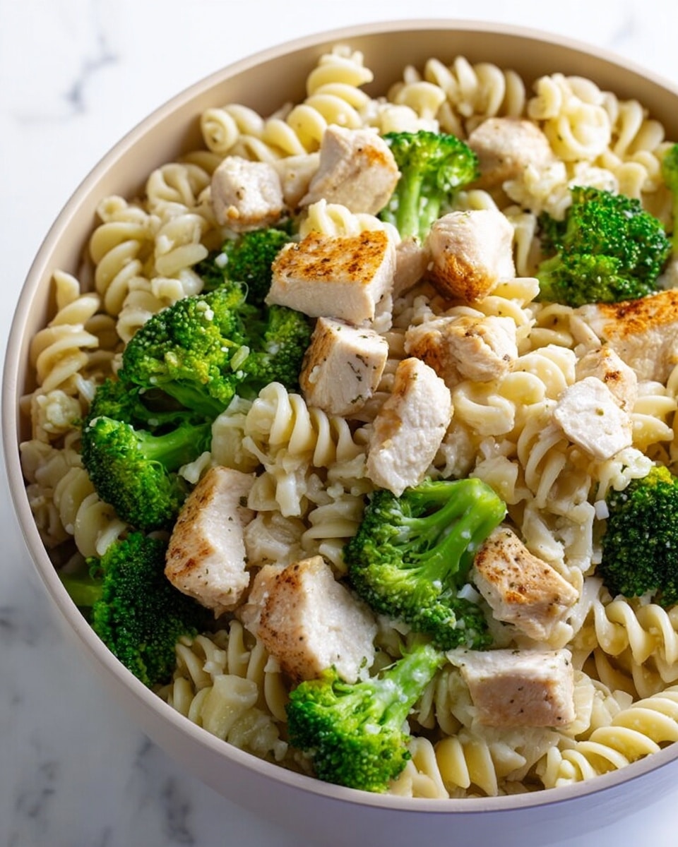 The image shows a close-up of a white pot filled with three main layers: at the bottom, there are many pale yellow spiral pasta pieces; mixed through the pasta are bright green broccoli florets with a fresh and slightly rough texture; on top and scattered evenly are chunks of cooked chicken with a golden brown outer layer and a soft white inside, some pieces showing a slight seasoning. The dish looks fresh and simple, with the colors of pale pasta, green broccoli, and golden chicken standing out against the white pot and a white marbled surface underneath, photo taken with an iphone --ar 4:5 --v 7