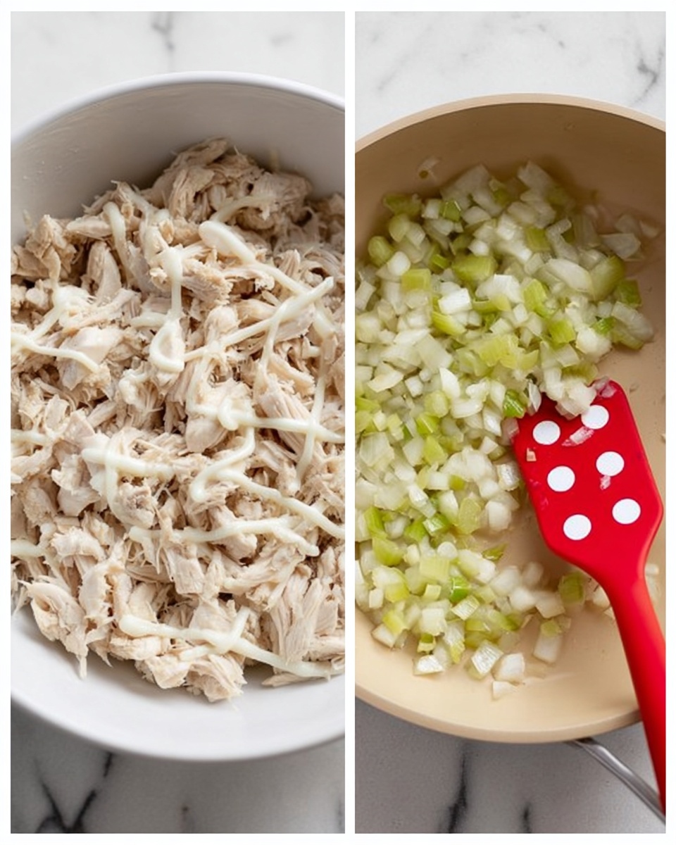 The image shows two side-by-side photos. The left side has a white bowl filled with shredded pale beige cooked chicken topped with small white sauce drizzles. The right side shows a beige pan with a red spatula with white polka dots stirring small pieces of white onion and light green celery. The background is a white marbled texture photo taken with an iphone --ar 4:5 --v 7