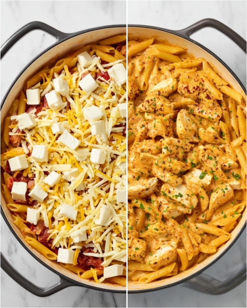 The image shows two views of the same large white pan with black handles on a white marbled surface. On the left side, the pan is filled with penne pasta mixed with a tomato sauce layer at the bottom, topped with shredded yellow and white cheese, and scattered large white cheese cubes on top, creating a colorful layered look. On the right side, the pan is filled with creamy orange pasta mixed with pieces of chicken and small green herbs sprinkled on top, giving a rich and smooth texture that covers the entire surface evenly. Photo taken with an iphone --ar 4:5 --v 7