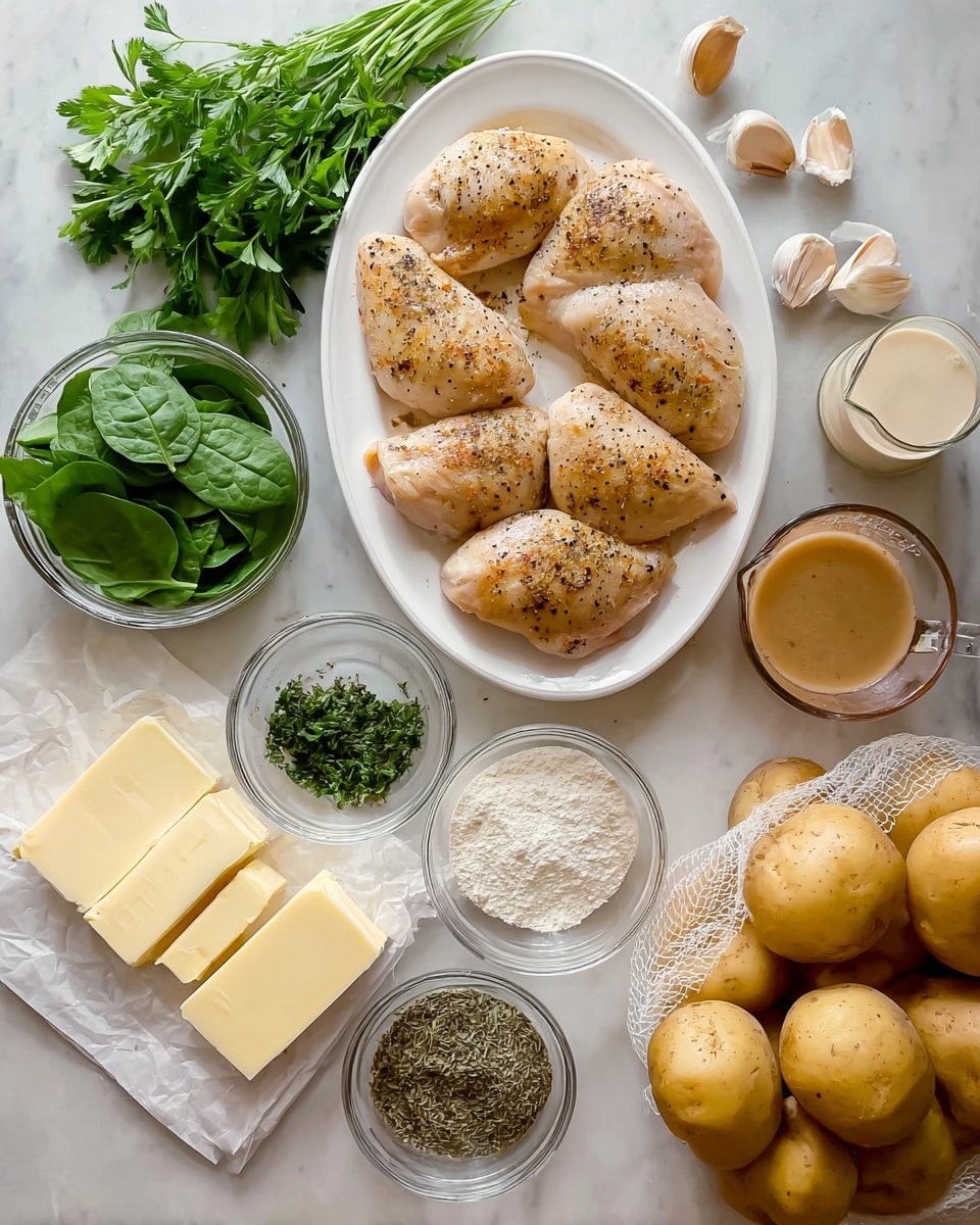 The image shows a white oval plate filled with five light beige seasoned chicken pieces, each sprinkled with black pepper, placed on a white marbled surface. To the right of the plate, there are two clear measuring cups with a light brown liquid and cream, placed near two cloves of garlic and three fresh green spinach leaves. Below, there are small clear bowls with various dry green and brown herbs and white flour in the center. There are three blocks of butter on a white paper near some green parsley leaves. At the bottom right corner, there is a bunch of small yellow potatoes in a mesh bag, some loose potatoes resting on the surface. The whole setup is arranged neatly on the white marbled texture. Photo taken with an iphone --ar 4:5 --v 7