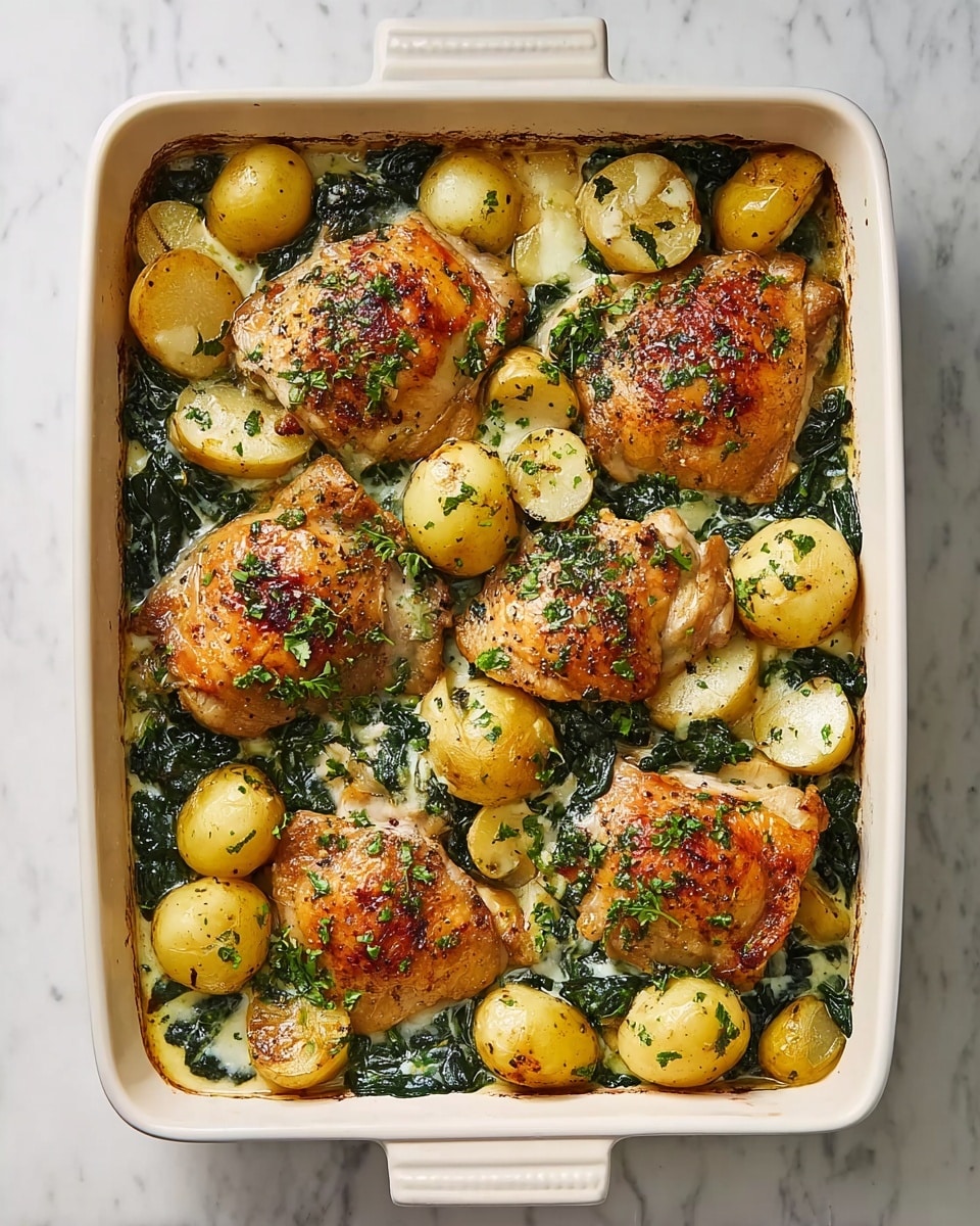 A white rectangular baking dish filled with six browned chicken thighs arranged in two rows, each piece topped with finely chopped green herbs. Scattered around and between the chicken are halved golden potatoes, soft and lightly seasoned with black pepper. Dark green cooked spinach is layered throughout the dish, blending with melted light yellow cheese that gives a creamy texture among the vegetables and meat. The dish sits on a white marbled surface, showcasing a warm and hearty baked meal. photo taken with an iphone --ar 4:5 --v 7