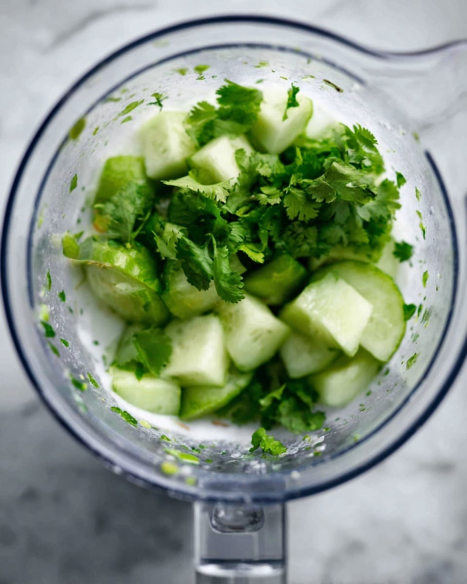 Inside a clear blender jar placed on a white marbled surface, there are roughly chopped pieces of light green cucumber and fresh green cilantro leaves scattered on top, showing a mix of smooth and leafy textures. The pieces sit in the bottom center of the jar, ready for blending. Photo taken with an iphone --ar 4:5 --v 7
