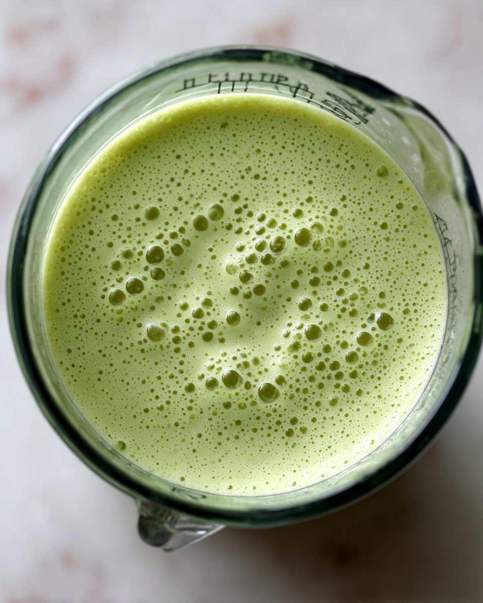 The image shows a close-up top view of a blender filled with a light green smoothie. The smoothie has a creamy, slightly frothy texture with small bubbles throughout. The blender jar is clear glass with measurement markings visible, and the base is out of view. The background is white marbled texture. photo taken with an iphone --ar 4:5 --v 7