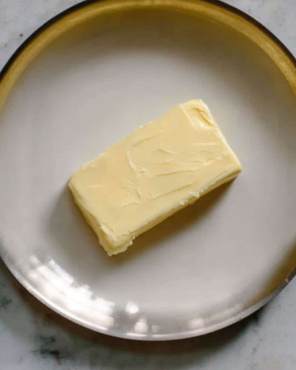 A white round plate with a smooth edge holds a single, rectangular piece of light yellow butter. The butter is slightly soft and has small uneven marks on its surface. The metallic plate contrasts with the butter, and the background is a white marbled texture. Photo taken with an iphone --ar 4:5 --v 7