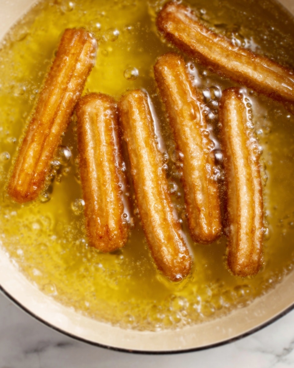 The image shows five golden brown churros frying in hot bubbling oil inside a round deep pot. The churros are long with ridged surfaces and are floating at different angles in the clear, yellow oil. The texture of the churros looks crisp and crunchy. The pot is white with a smooth edge, and the background is a white marbled surface. photo taken with an iphone --ar 4:5 --v 7