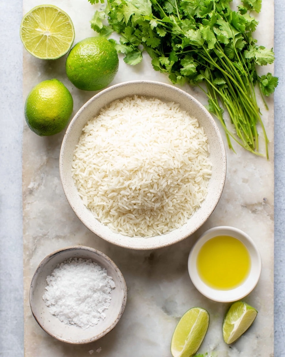A white bowl filled with uncooked white rice centered on a white marbled surface. To the left of the bowl, several bright green lime halves and a bunch of fresh green cilantro leaves are spread out, adding vibrant color. Below the bowl, a small white bowl with coarse white salt and to the right, a small white bowl with light yellow oil are placed close together. The overall scene has a fresh and clean look with natural lighting. Photo taken with an iphone --ar 4:5 --v 7