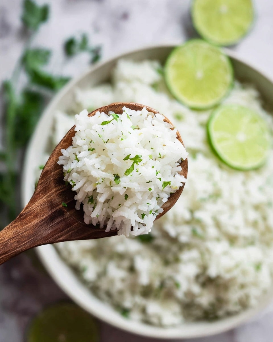 A wooden spoon holds a close-up view of a single layer of white rice mixed with small bits of green herbs, showing a fluffy texture. Below the spoon is a large white bowl filled with a similar mixture of white rice and green herbs, topped with a thin slice of green lime to the right side. Surrounding the bowl, blurred slices of lime and green leaves are placed on a white marbled surface. The focus is on the rice in the spoon, making the background soft and out of focus. photo taken with an iphone --ar 4:5 --v 7