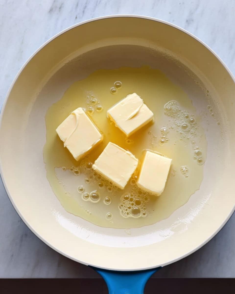 A white pan with a blue handle set on a white marbled surface, containing four cubes of butter slowly melting. The butter is pale yellow and glossy, surrounded by a thin layer of melted golden liquid with small bubbles. The pan's inner surface is smooth and cream-colored, with a slight sheen reflecting light. The scene shows the early stage of cooking with soft textures and gentle lighting, photo taken with an iphone --ar 4:5 --v 7