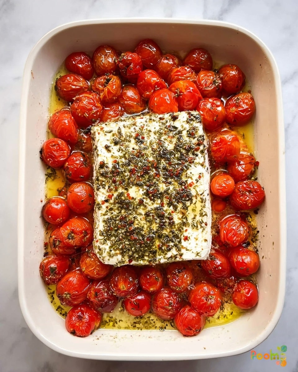 A white rectangular block of feta cheese sits in the center of a white baking dish, sprinkled with dried herbs, mostly green and black, covering its top surface. Around the feta, there are many bright red cherry tomatoes, some slightly wrinkled and burst, all roasted and shiny with oil. The cheese and tomatoes rest in a shallow pool of golden olive oil mixed with herbs. The dish is placed on a white marbled surface. Photo taken with an iphone --ar 4:5 --v 7