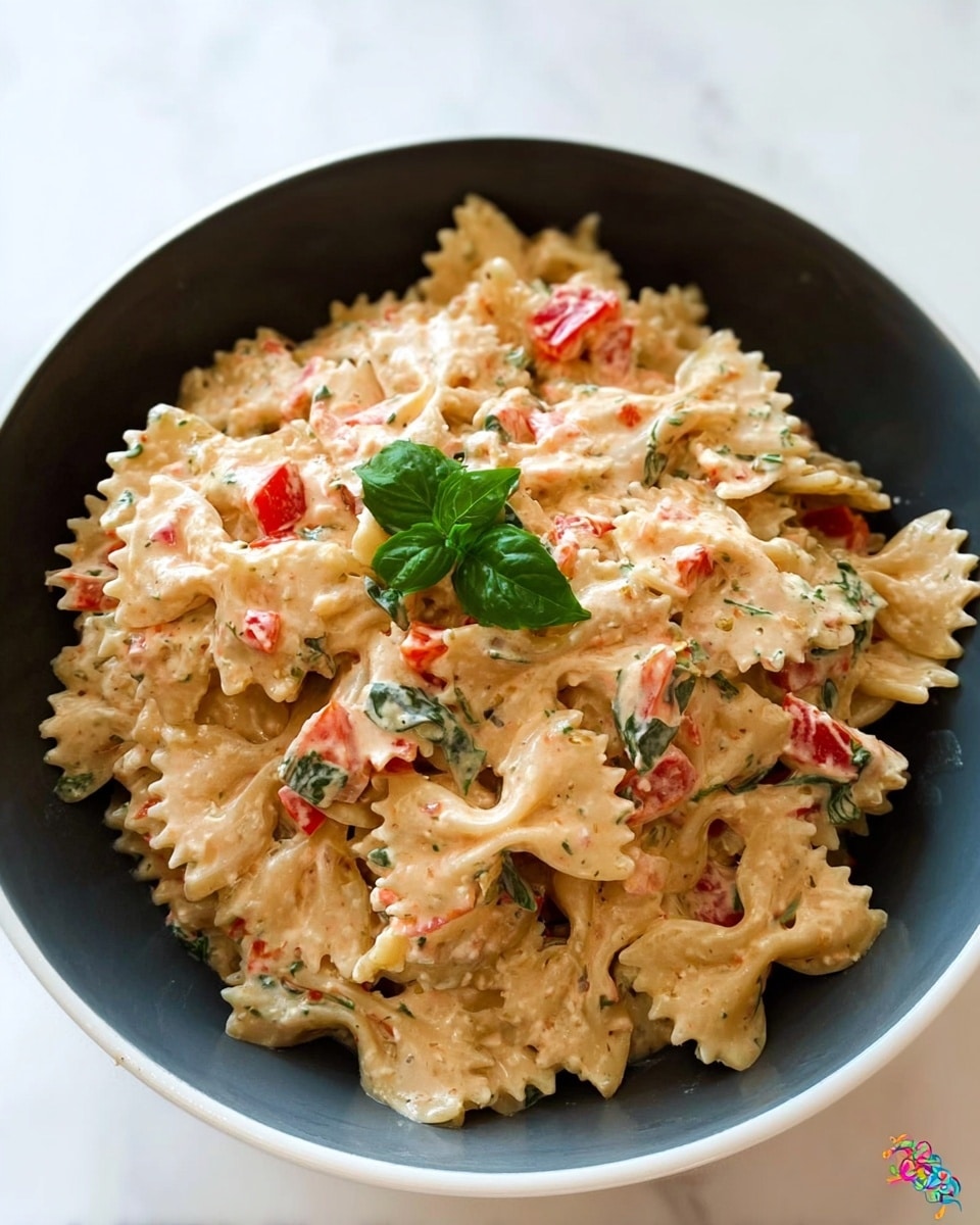 A white round bowl filled with creamy farfalle pasta mixed with small pieces of red bell pepper and green leafy herbs evenly spread through the dish. The pasta has a light beige cream sauce that coats each piece, making the texture smooth and rich. On top, there is a small green basil leaf placed neatly as garnish. The bowl is set on a white marbled surface with soft natural light enhancing the colors. photo taken with an iphone --ar 4:5 --v 7