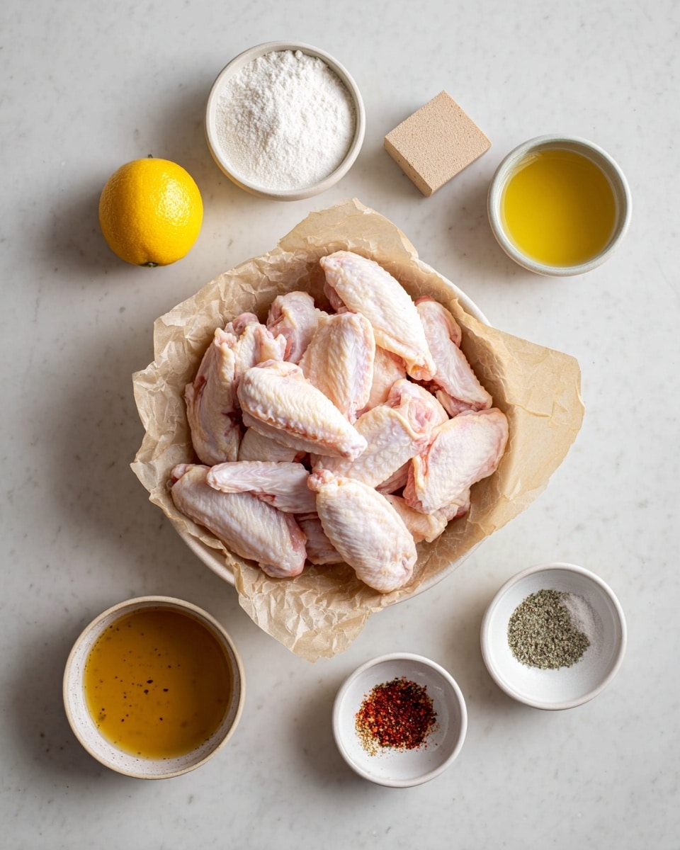 A large pile of raw chicken wings with pale pink skin lies in crumpled beige parchment paper at the center of a white marbled surface. Surrounding the wings are small white bowls with white powdery spices, a light brown cube in a white bowl, and a small bowl with a mix of black pepper and salt on a white marbled surface. There is also a bright yellow lemon and a white bowl filled with golden liquid placed neatly around the chicken wings. The overall setup has clean, soft lighting and minimal shadows, arranged in a balanced and organized way. photo taken with an iphone --ar 4:5 --v 7