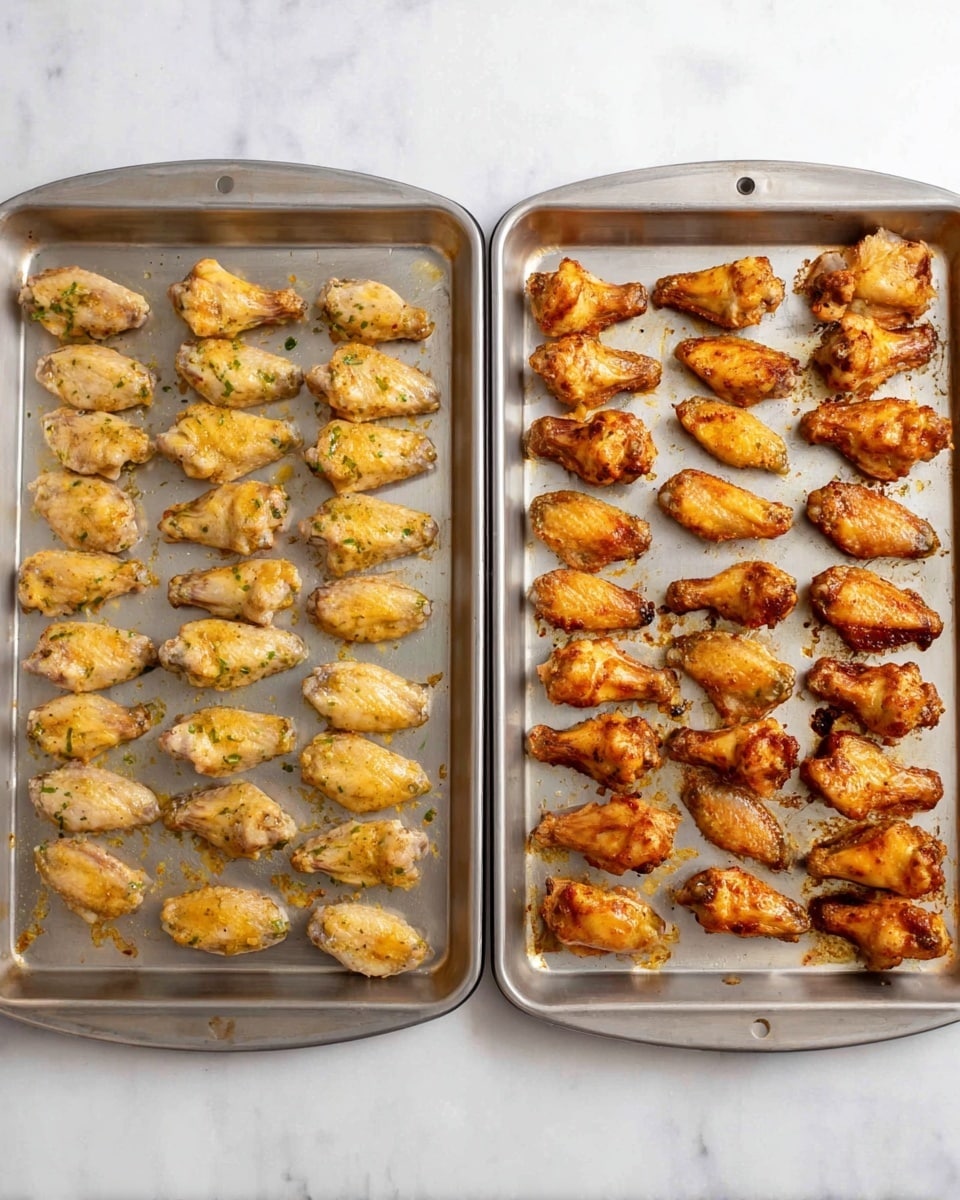 The image shows two metal baking trays on a white marbled surface. The tray on the left has raw chicken wings arranged in five rows of five each, with a light coating of seasoning that appears yellowish with bits of herbs. The tray on the right shows chicken wings fully cooked, golden brown with a crispy texture, arranged in the same five rows of five, placed similarly to the raw wings. Both trays show some small bits of seasoning around the chicken pieces. Photo taken with an iphone --ar 4:5 --v 7