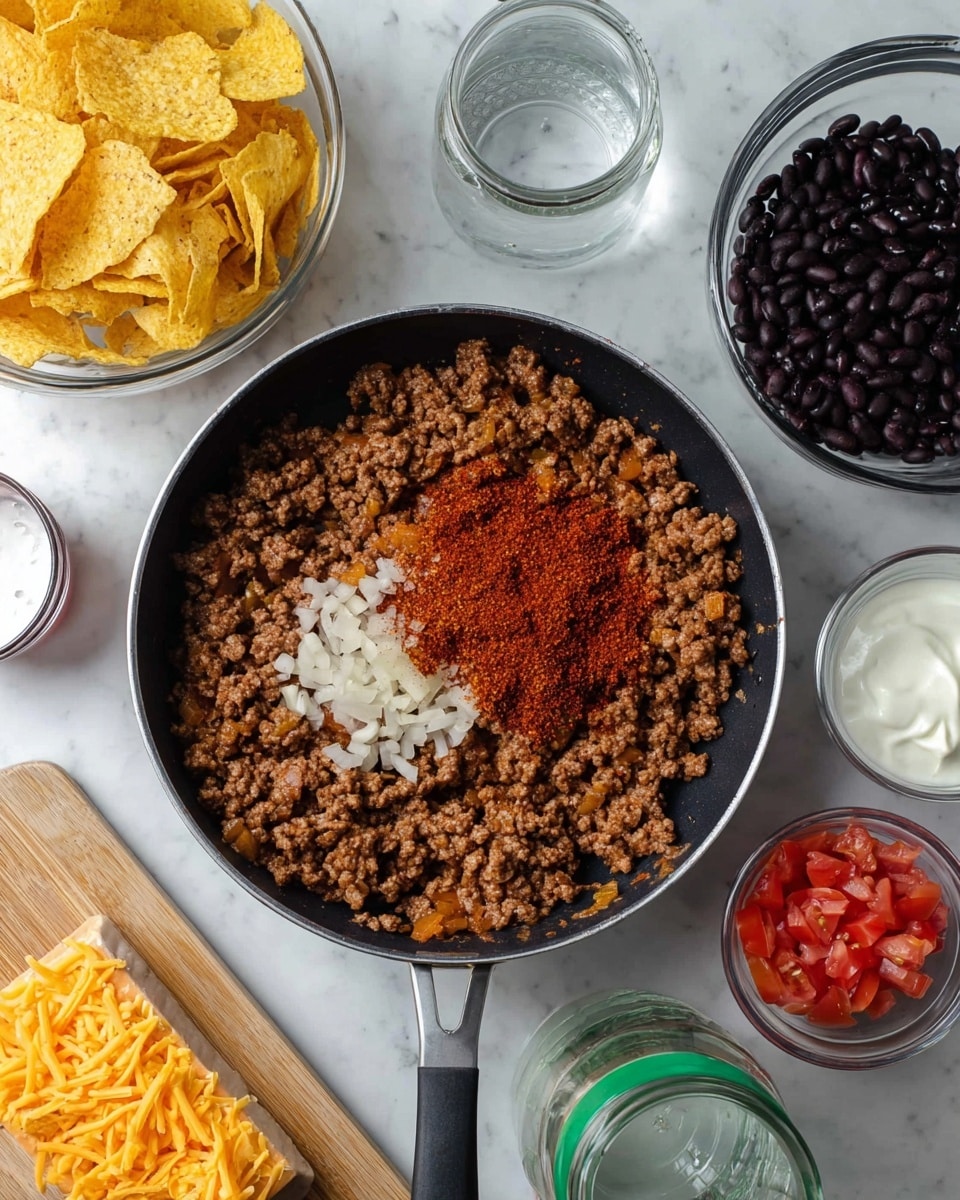 A black pan on a white marbled surface holds cooked ground meat mixed with small pieces of white onion, topped with two piles of reddish-brown chili powder. Surrounding the pan are several clear glass bowls and containers: one filled with yellow corn chips, another with dark black beans, one with white sour cream, a small empty bowl, a jar with a green rim partially filled with water, and a bamboo cutting board holding a block of orange and white shredded cheese. There is also a small glass bowl containing chopped red tomatoes. Photo taken with an iphone --ar 4:5 --v 7