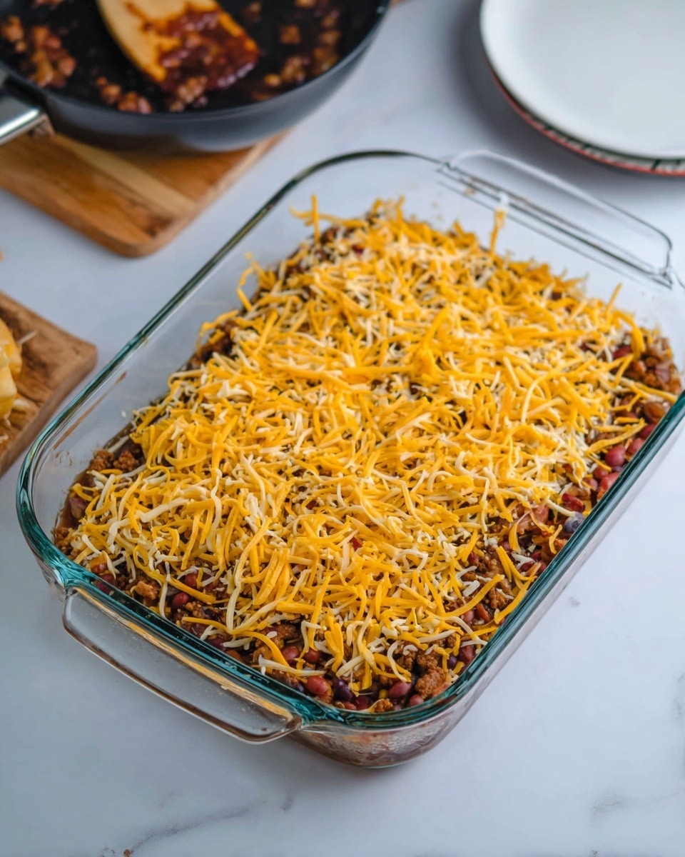 The image shows a clear glass rectangular baking dish on a white marbled surface. Inside the dish, there is a layered casserole with two visible layers: the bottom layer is a mix of cooked ground meat and beans with bits of red ingredients, while the top layer is a generous amount of shredded cheese in yellow and light orange shades, spread evenly. In the background, there is a black pan with some leftover sauce and bits, a wooden cutting board with a piece of food on it, and part of a white plate to the side. Photo taken with an iphone --ar 4:5 --v 7