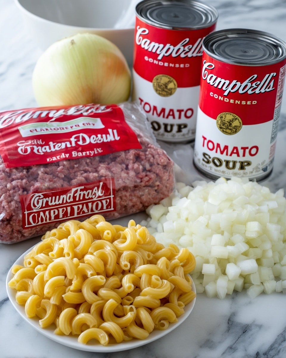 The image shows several cooking ingredients arranged on a white marbled surface. In the front, there is a pile of uncooked elbow macaroni. Behind the macaroni, there is a pile of chopped white onions on a white plate. To the left of the onions, a whole yellow onion is placed. Next to the onions, there is a pack of raw ground meat with a red label saying