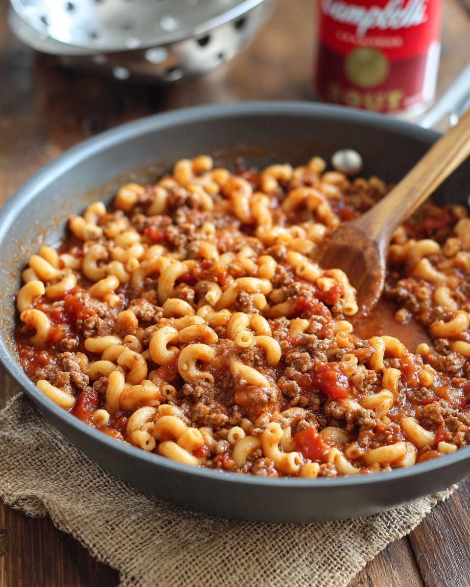 A close-up image of a gray frying pan filled with cooked elbow macaroni mixed with ground beef in a thick reddish-brown sauce, with some small bits of ground meat evenly spread throughout the pasta. The pan is resting on a burlap cloth over a dark wooden surface, and a wooden spoon is partially visible on the right side, stirring the mixture. In the blurred background, there is a can of Campbell's soup and a metal colander on a white marbled surface. The colors of the dish are mainly orange, brown, and beige. Photo taken with an iphone --ar 4:5 --v 7