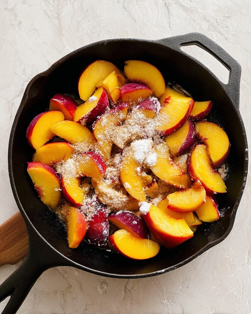 A black cast iron skillet filled with sliced yellow and red peaches arranged loosely, with white and light brown powder sprinkled over the top. The skillet is set on a white marbled surface, showing the contrast between the dark pan and the bright fruit. The texture of the peaches looks fresh and juicy, while the powders add a soft dusting effect on the fruit. Photo taken with an iphone --ar 4:5 --v 7